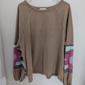 easel Taupe Pullover with Pink Floral Sleeve Panels